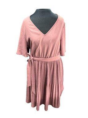 Shein Womens Mauve Short-Sleeve V-Neck Dress With Pleated Skirt & Waist Tie Size